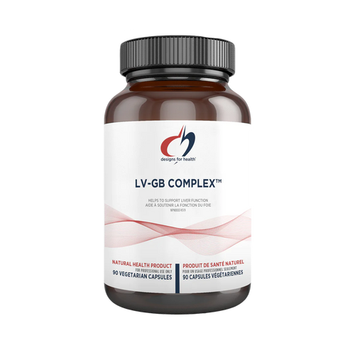 A bottle of LV-GB Complex, a dietary supplement by Designs for Health, with 90 Veg Caps. The label indicates it supports liver and gall bladder function, with no artificial colors, preservatives, or sweeteners and is gluten-free.