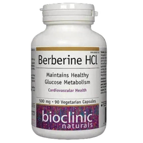 A bottle of Bioclinic Naturals Berberine HCl 500mg, with 90 vegetarian capsules. The label indicates that it maintains healthy glucose metabolism and supports metabolic system health.