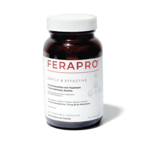A bottle of Ferapro sentient and effective iron supplement with 100 veg capsules, focusing on treating iron deficiency anemia.